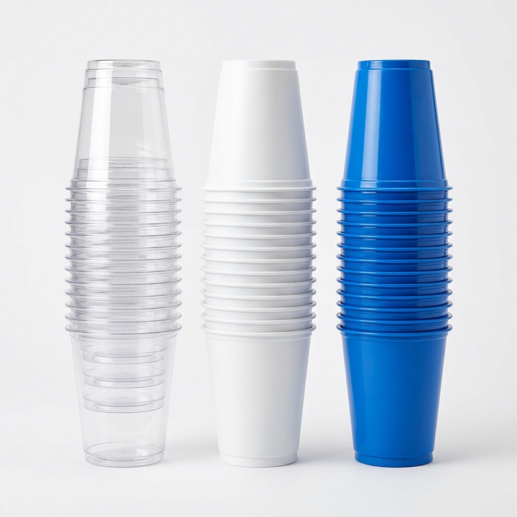 7oz Plastic Water Cups – Clear, White & Blue