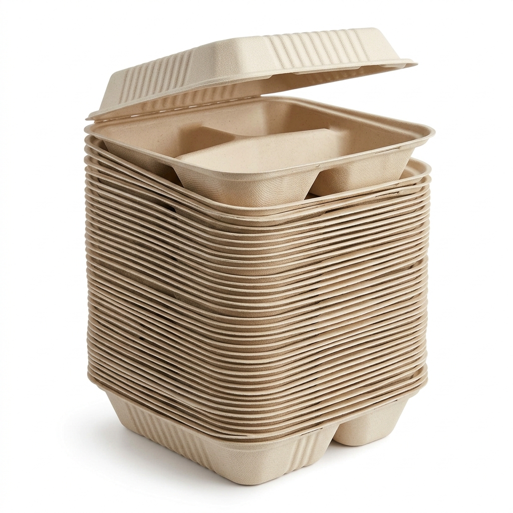 200 Pack Bagasse Meal Box 9"x9" Three Compartment