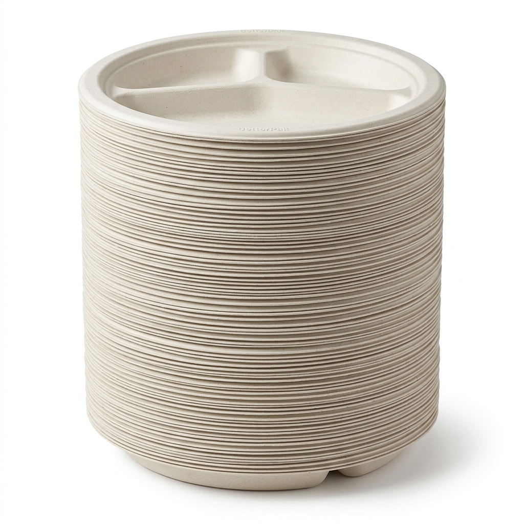 500 Pack 10" Bagasse 3-Compartment Plates